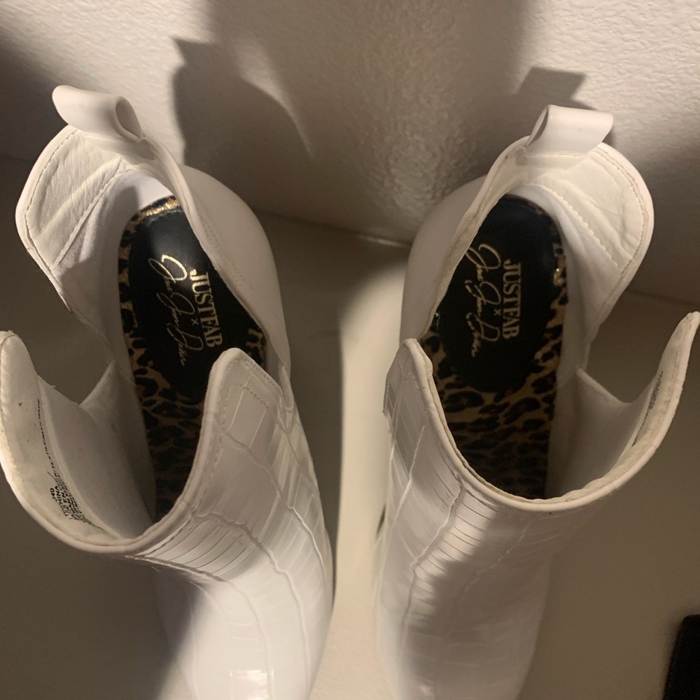 White booties, block heel